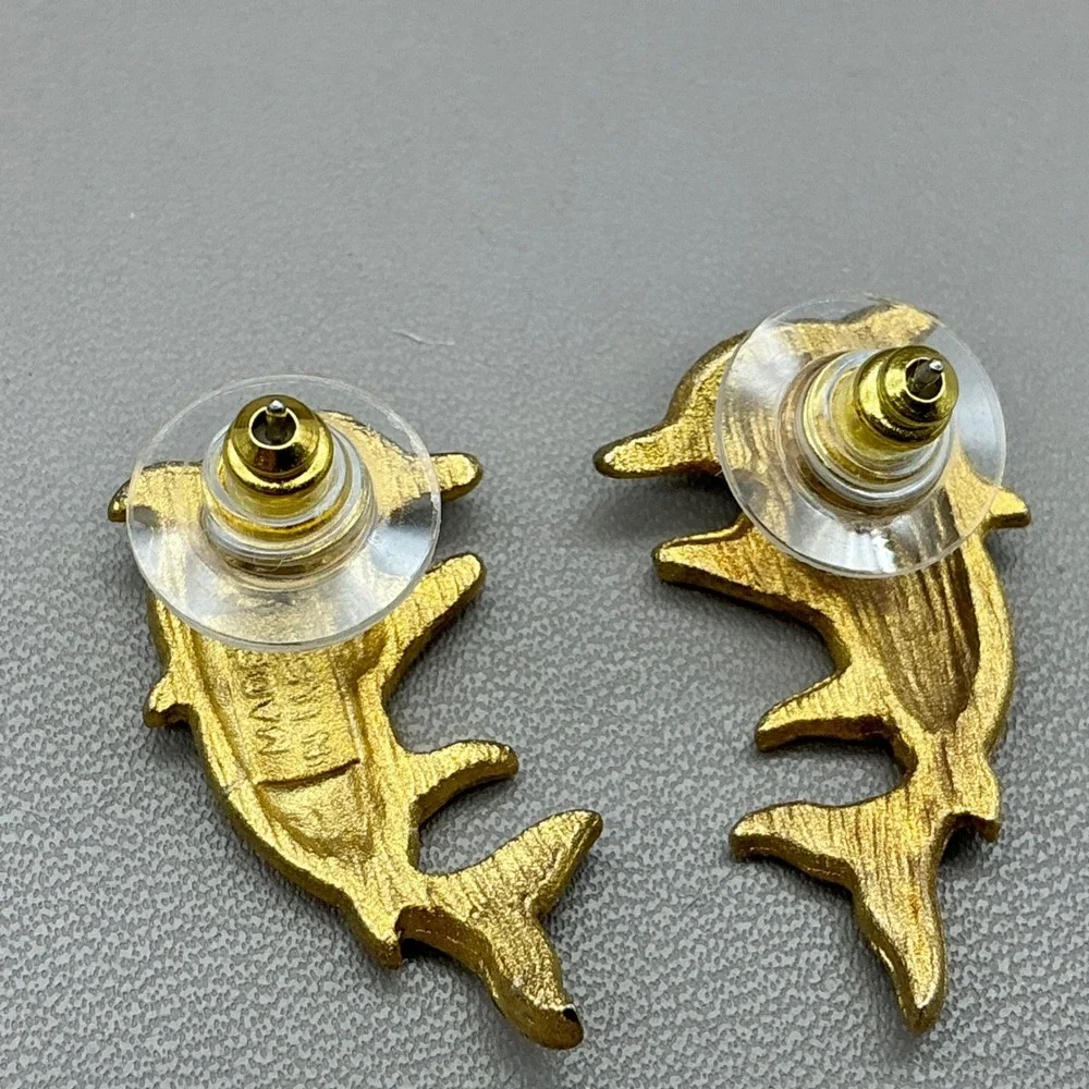 Earrings Women Gold Tone Double Dolphin Nautical Animal Pierced Studs 1 Inch